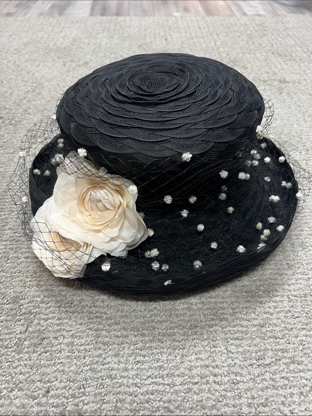 Eric Javits Black Straw Cocktail Hat with Cream Flower and Veil
